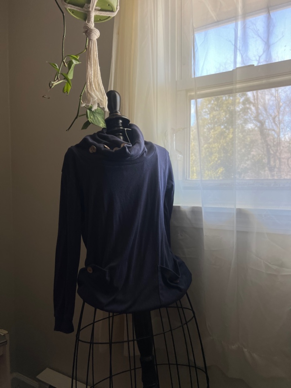 Navy Button-Accent Cowl Neck Sweater